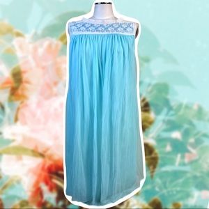 VTG 60’s Blue Semi Sheer Layered Nightgown with Floral Embroidered Top